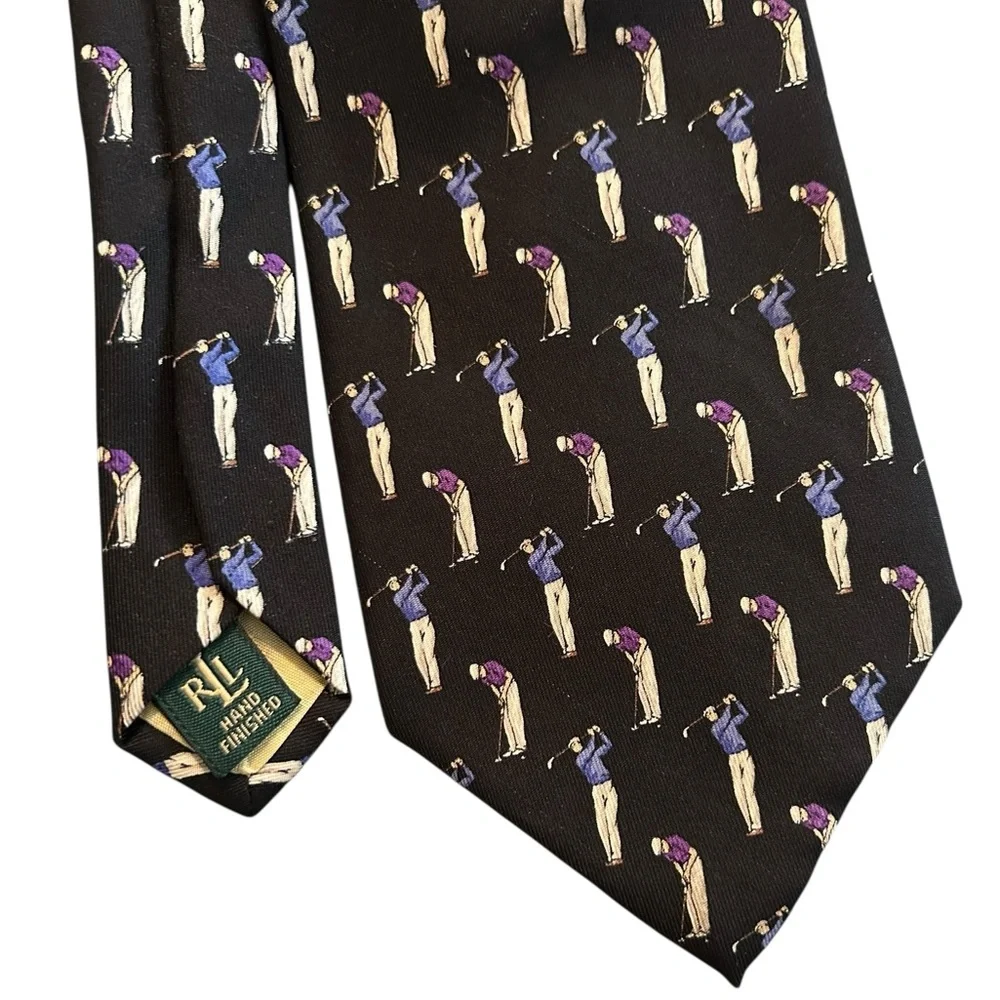 Lauren Ralph Lauren Golf Themed Neck Tie Black Silk‎ RRL Hand Finished